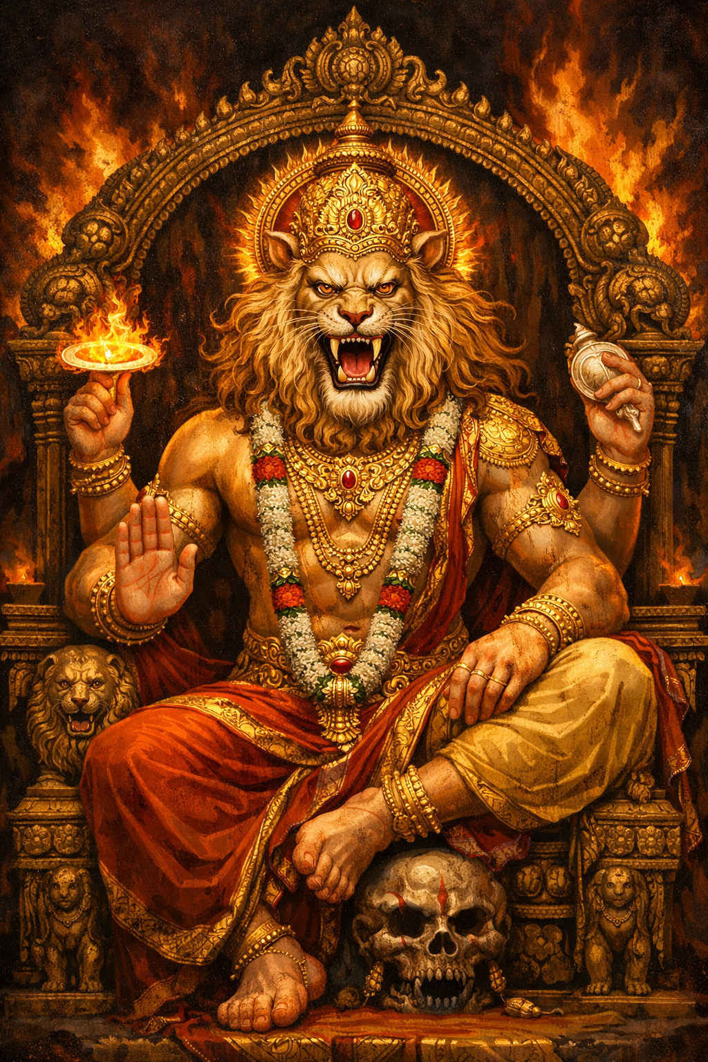 Lord Narasimha -- Fierce Lion Avatar of Vishnu on Throne HD Wallpaper