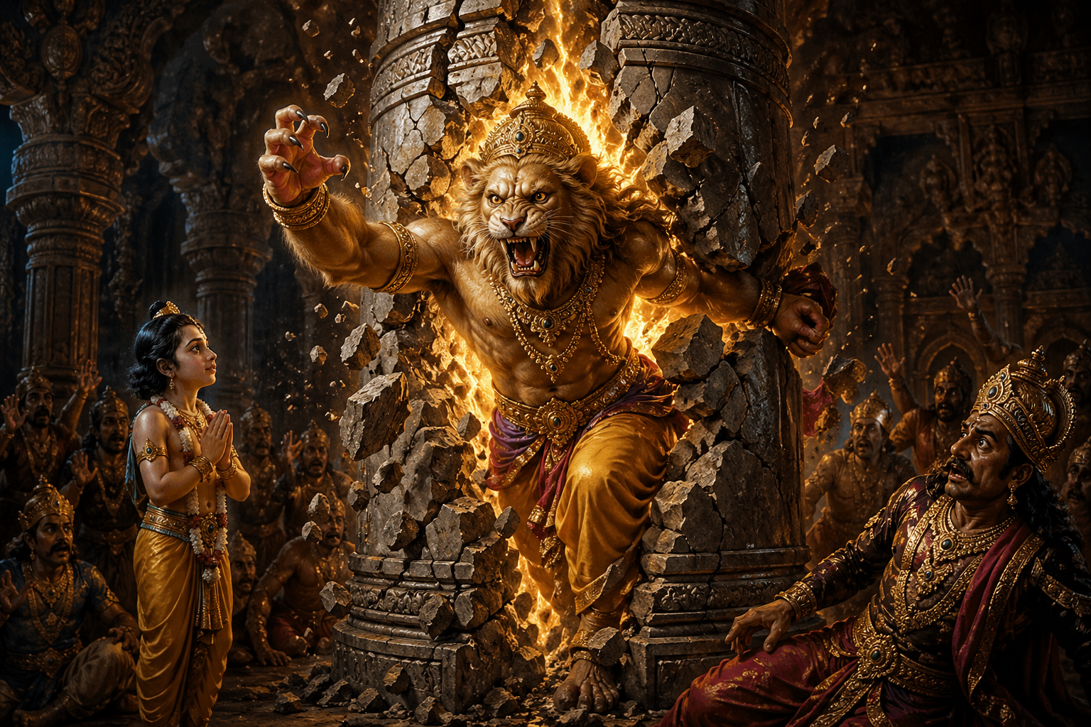 Narasimha Bursting from Palace Pillar -- Divine Light HD Wallpaper