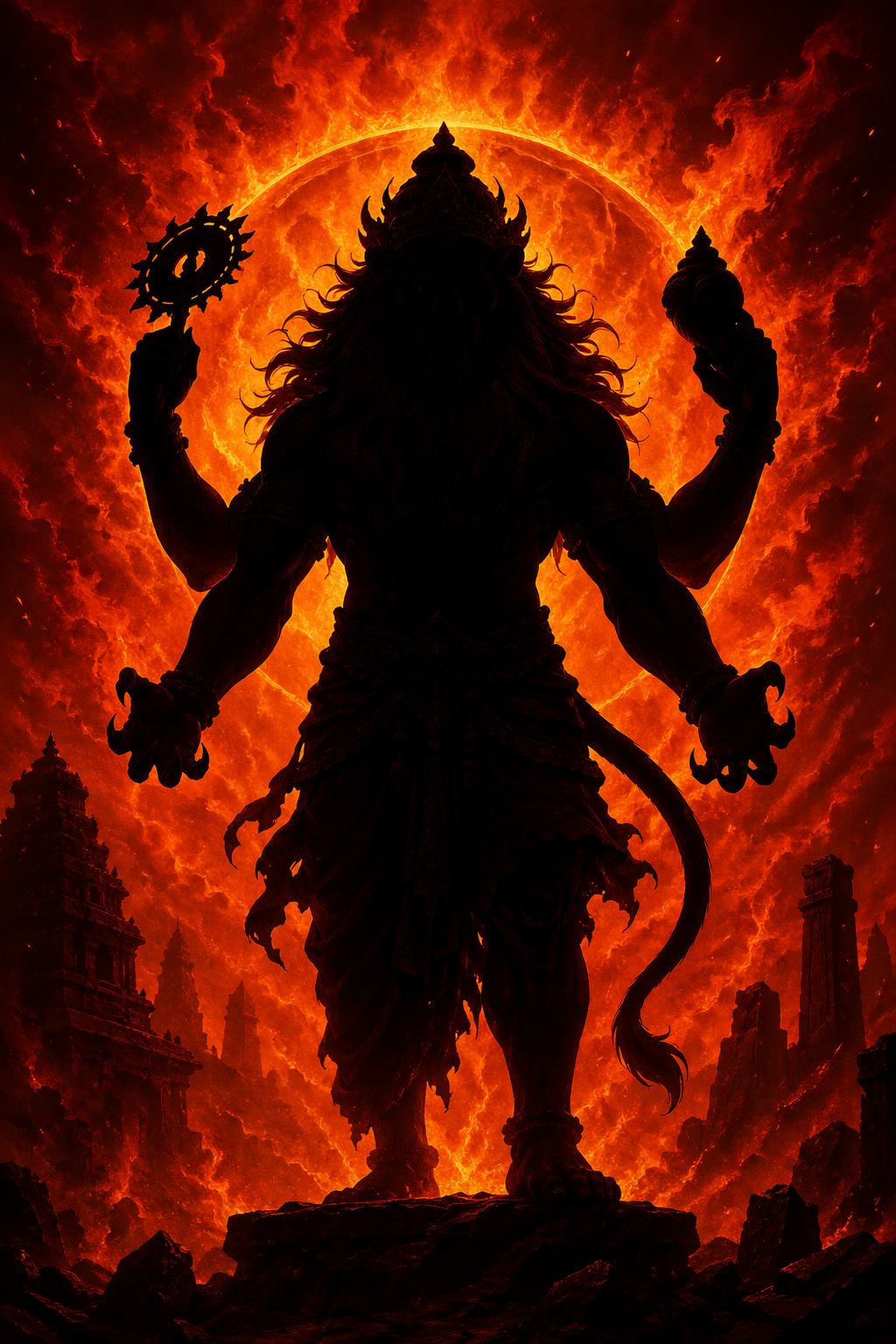 Narasimha Silhouette -- Fiery Orange Red Background HD Wallpaper