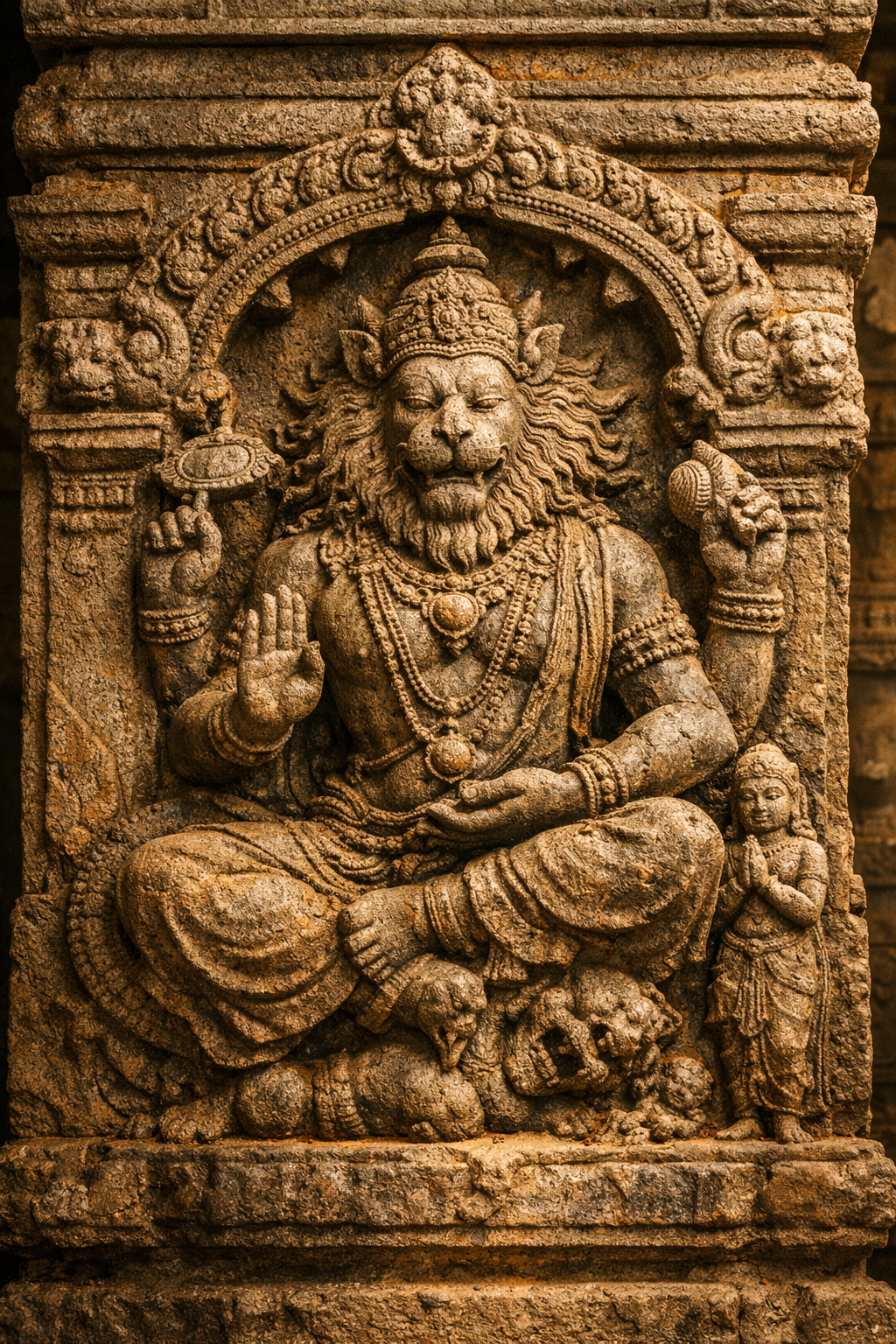 Narasimha Stone Carving -- Temple Pillar Detail HD Wallpaper