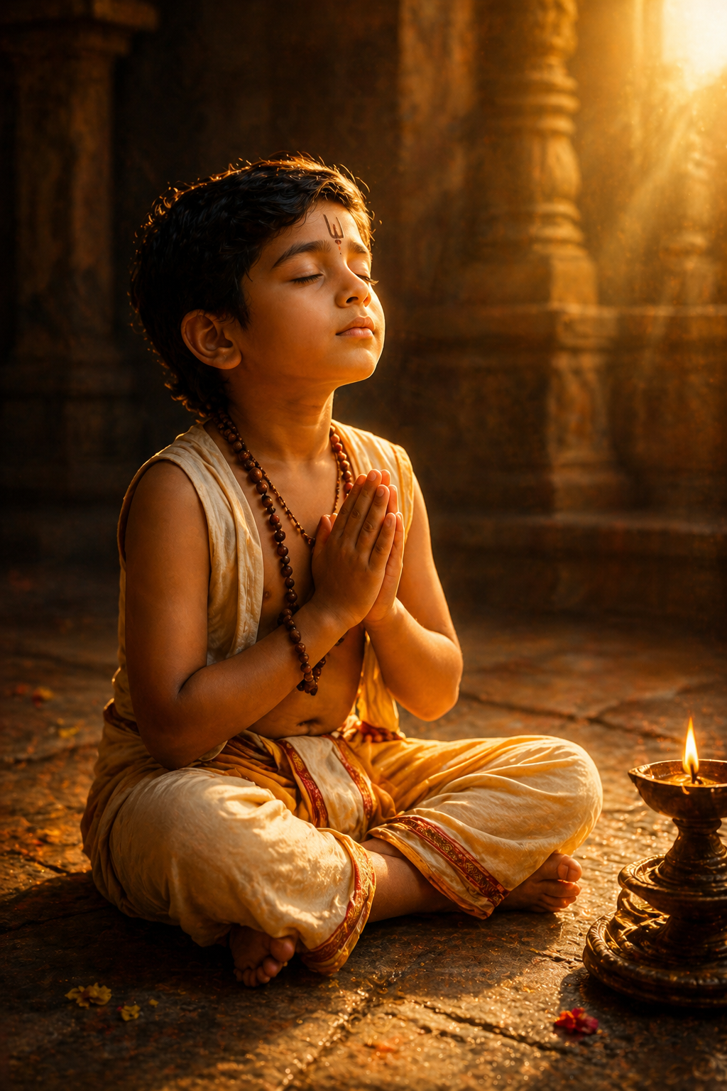 Prahlada Child Devotee -- Oil Lamp Prayer Scene HD Wallpaper