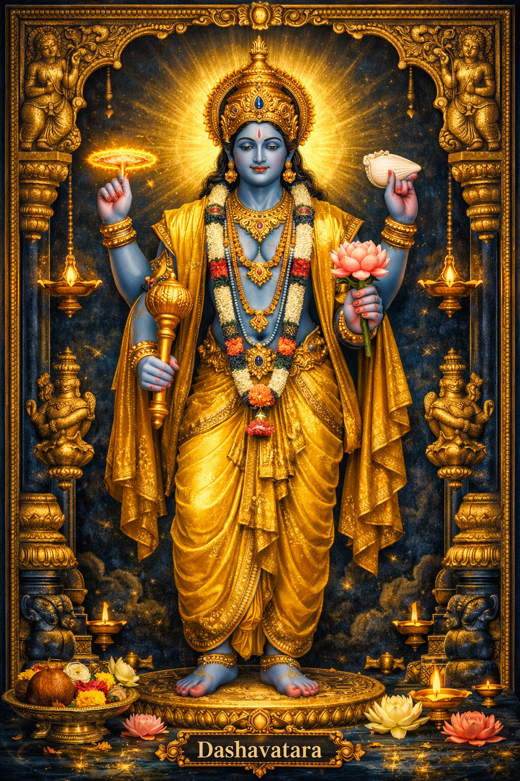 Lord Vishnu four-armed standing golden temple idol style HD wallpaper conch Sudarshana chakra mace lotus golden crown deepam lamps