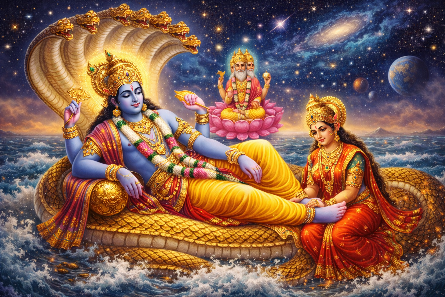 Lord Vishnu reclining on cosmic serpent Adishesha with Lakshmi at his feet, Brahma on lotus from navel, cosmic milky ocean — HD devotional wallpaper