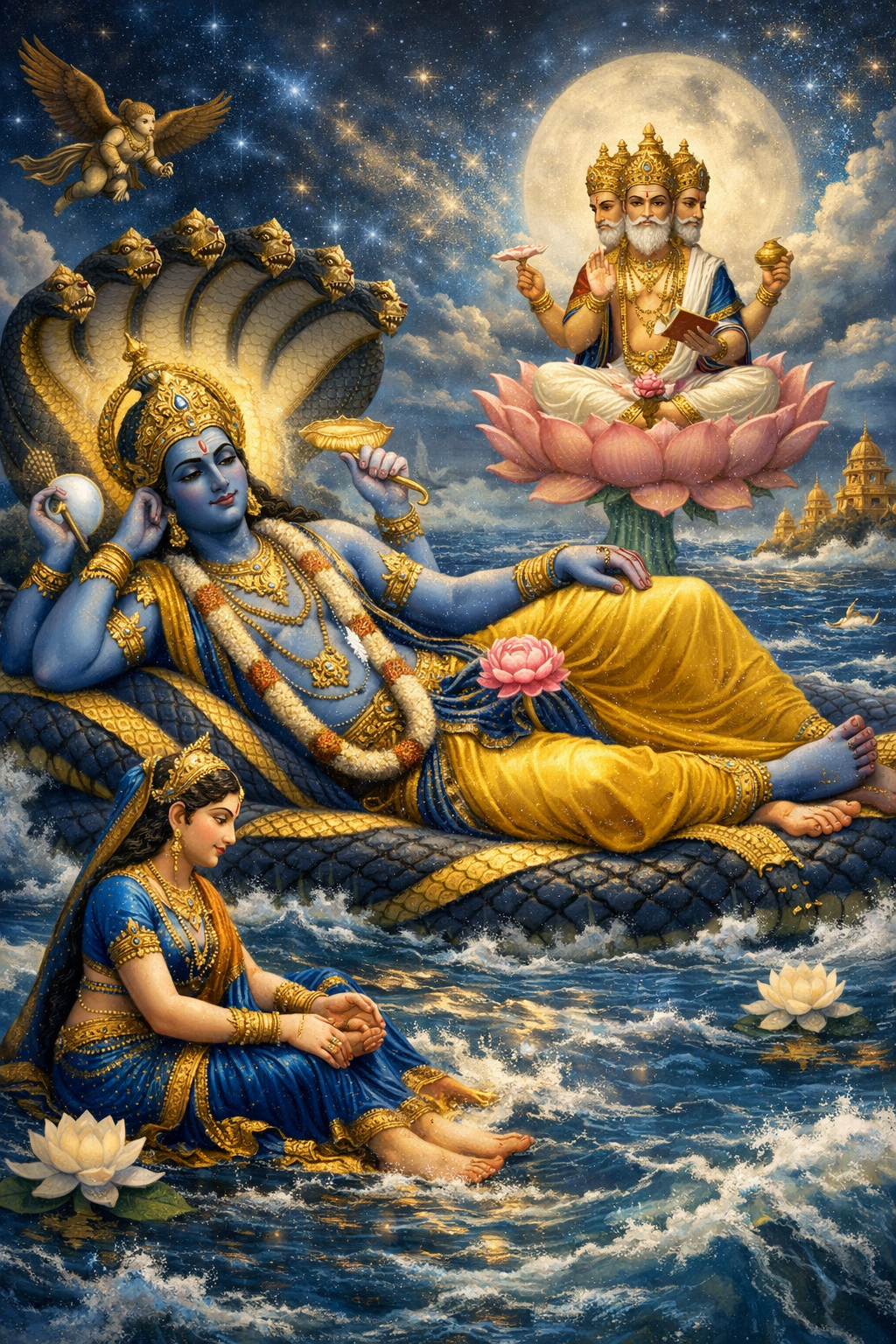 Lord Vishnu reclining on Shesha Naga serpent milky ocean Lakshmi Brahma on lotus Garuda moonlit cosmic blue gold HD wallpaper