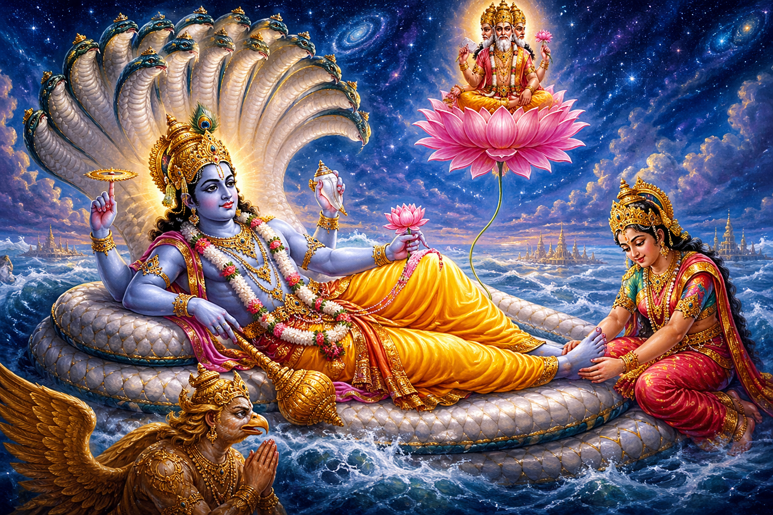 Lord Vishnu reclining on Ananta Shesha serpent cosmic ocean Lakshmi at feet Brahma on lotus Garuda starry sky HD wallpaper